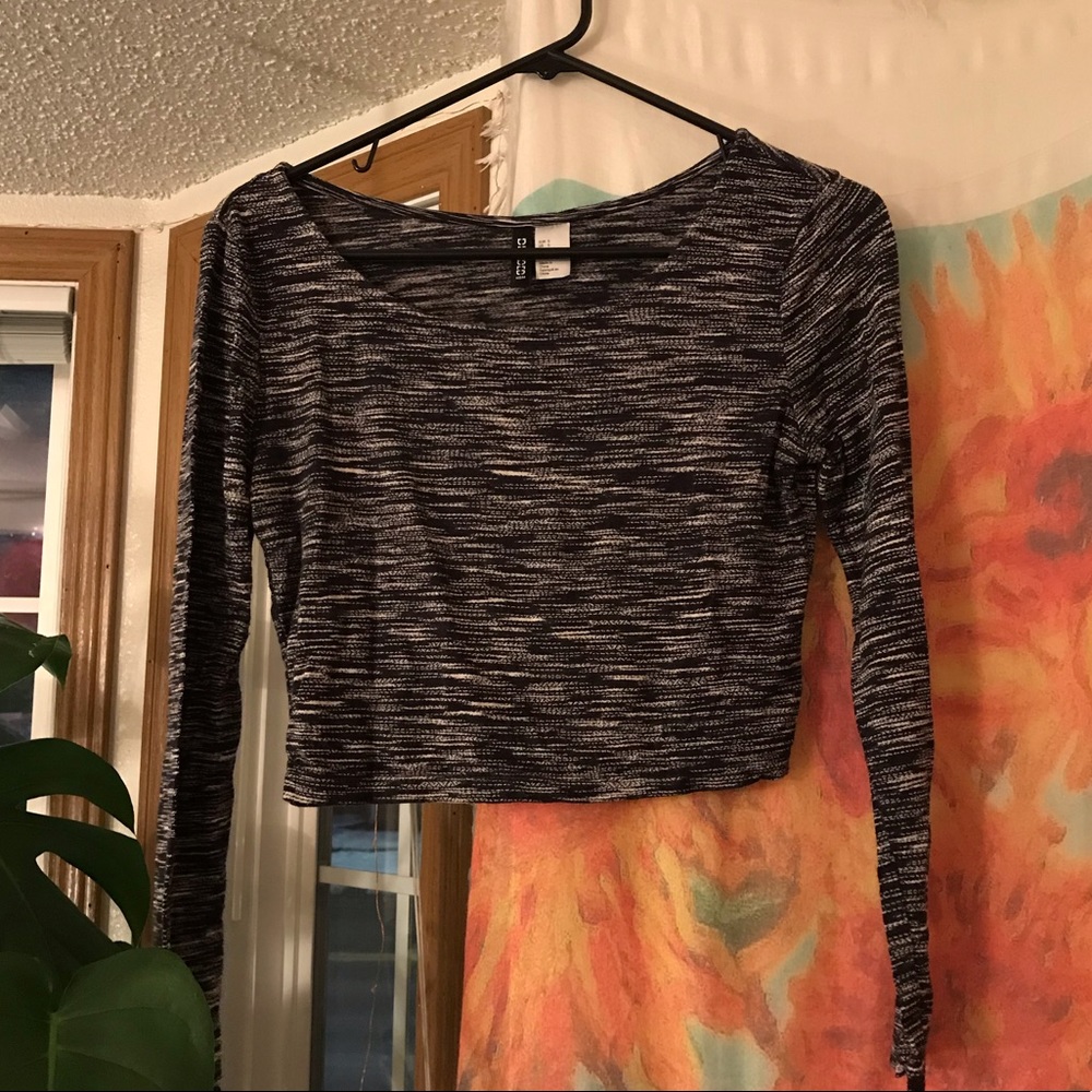 Divided Black and White Long Sleeve Crop Top